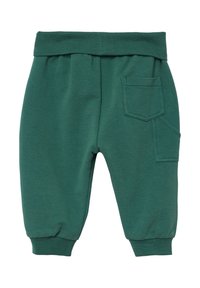 Groene sweatpants met elastische tailleband, ribgebreide boorden en een zijzak met contrasterende stikdetail. Zachte textuur.