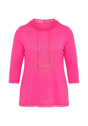 Sudadera con capucha de color rosa brillante con mangas de tres cuartos y diseño de cara de leopardo con pedrería en el frente, con cordones y ribete de malla.
