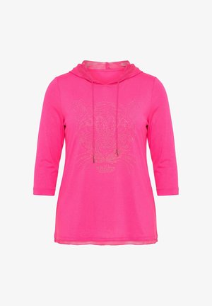 Knallpinker Hoodie mit Dreiviertelärmeln und einem Leopardenkopf-Design aus Strasssteinen auf der Vorderseite, mit Kordelzug und Mesh-Besatz.