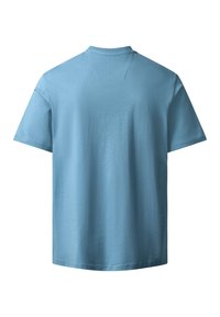 T-shirt en coton bleu clair uni à manches courtes, vue de dos, avec un col rond et sans logos ni motifs visibles.