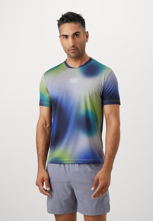 Short-sleeve athletic shirt in smooth, moisture-wicking fabric. Features a gradient of green, blue, and gray with logo at the chest.