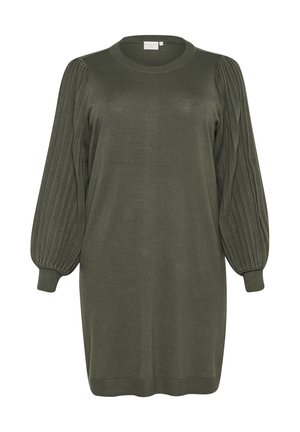 Oliwkowa dzianinowa sukienka z okrągłym dekoltem, opadającymi ramionami i prążkowanymi balonowymi rękawami. Miękka tekstura i luźny krój.