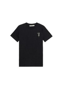 Czarna bawełniana koszulka z okrągłym dekoltem, krótkimi rękawami i małym srebrnym logo na piersi. Miękka w dotyku, standardowy fason.