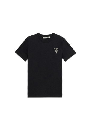 Sort bomulds T-shirt med rund halsudskæring, korte ærmer og et lille sølvlogo grafisk motiv på brystet. Blød tekstur, standard pasform.