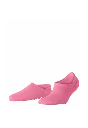 Paar pinke, unsichtbare Knöchelsocken auf weißem Hintergrund mit rutschfesten Sohlen.