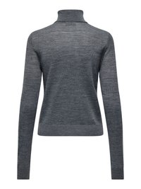 Pull à col roulé en tricot gris foncé à manches longues avec une silhouette ajustée, vu de dos sur fond blanc.