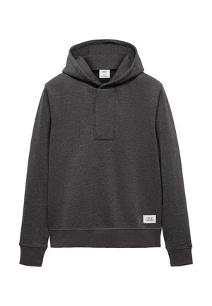 Mørkegrå hætte sweatshirt med en frontlomme og ribbede ærmer. Har et mærke i nederste venstre hjørne. Lavet af blødt, tekstureret stof.