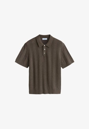 Brown short-sleeve polo shirt with vertical ribbed texture, three-button placket, and a classic collar. Soft, lightweight material.