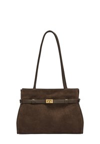 Brązowa torebka zamszowa o uporządkowanym kształcie, wyposażona w skórzany pasek i złocony zatrzask. Gładka faktura i minimalistyczny design.