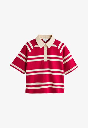 Sarkana īstermiņa piedurkņu polo krekls ar bēšām horizontālām svītrām un bēša apkakli, ar pogu plāksni un ikdienišķu piegriezumu.