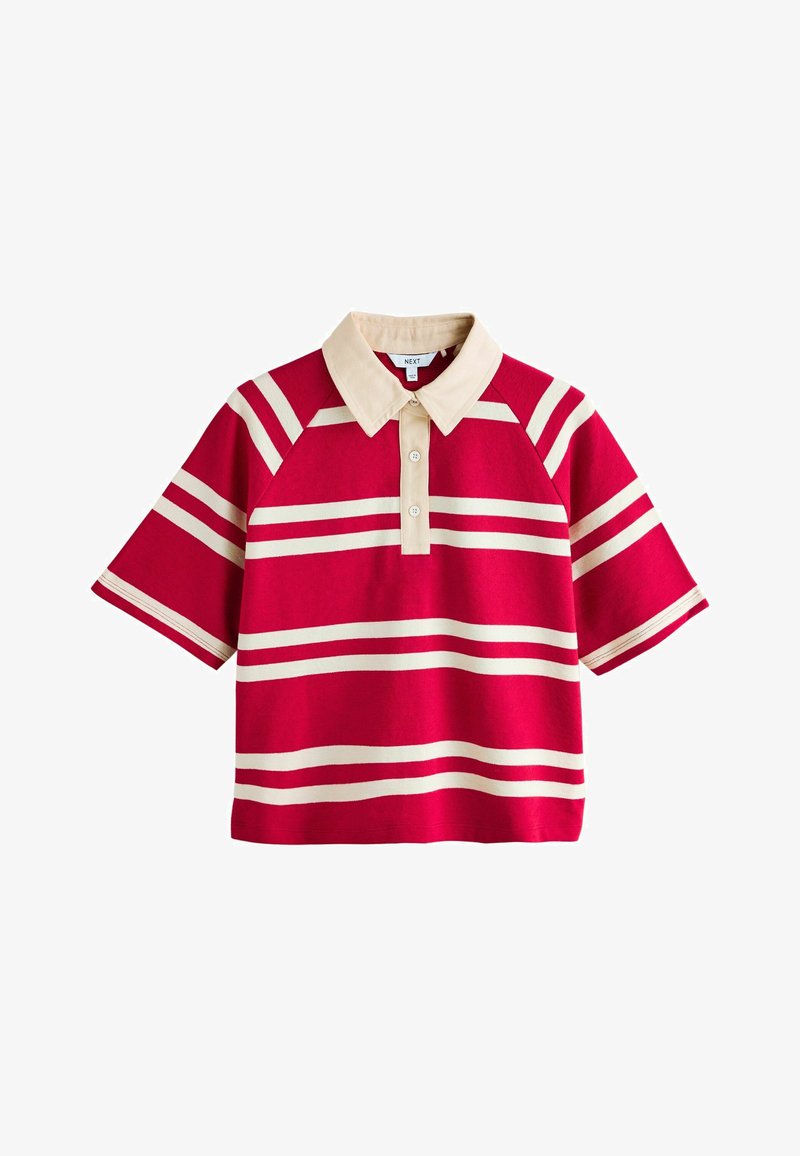 Červené polo tričko s krátkym rukávom s béžovými horizontálnymi pruhmi a béžovým golierom, vybavené gombíkovou légou a ležérnym strihom.