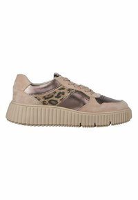 Beige sneakers med en texturerad mocka- och metallicläderovandel, med en sidopanel i leopardmönster och en tjock, räfflad gummisula.