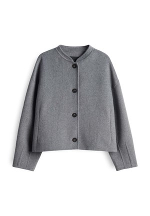 Gray wool jacket with long sleeves, round collar, and four black buttons down the front, displayed flat on a white background.