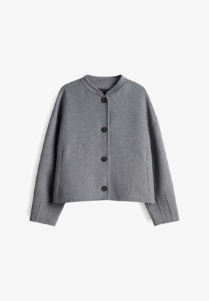 Gray wool jacket with long sleeves, round collar, and four black buttons down the front, displayed flat on a white background.
