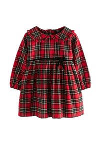 Vestito a quadri rossi con maniche lunghe, colletto arricciato e un fiocco nero in vita. Realizzato in tessuto morbido, presenta dettagli in verde e nero.
