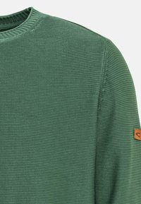Green textured sweater featuring a round neckline and a tan leather logo patch on the sleeve. Material appears knit and breathable.