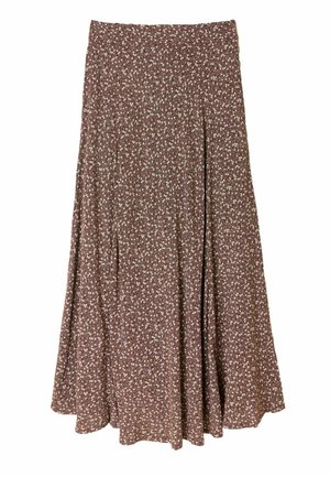 Brown floral midi skirt with a flared design, featuring a fitted waist and a lightweight, textured fabric. Small white flowers throughout.
