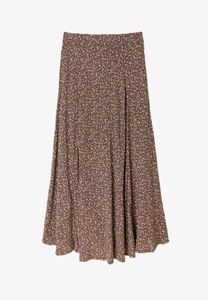 Brown floral midi skirt with a flared design, featuring a fitted waist and a lightweight, textured fabric. Small white flowers throughout.