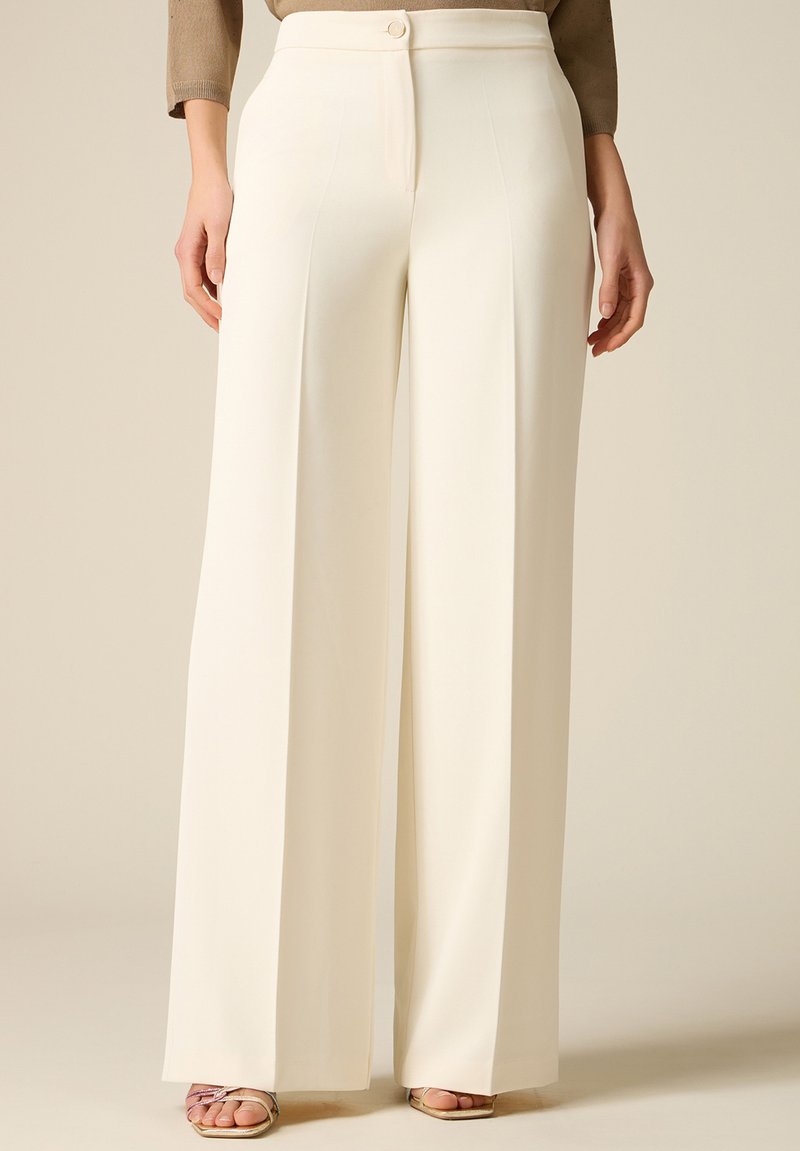 Hoch taillierte, weit geschnittene cremefarbene Hose mit Frontfalten, Knopfbund, getragen mit beigem Oberteil und Sandalen mit offenen Zehen.