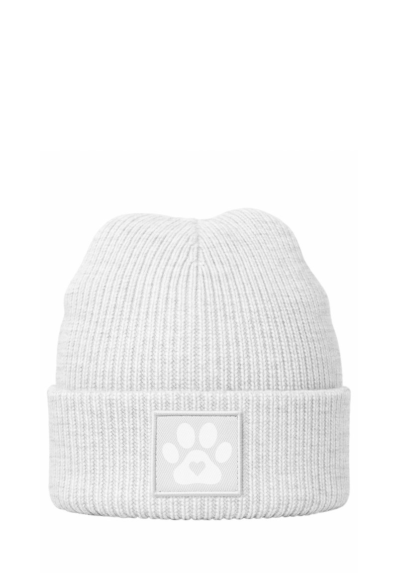 Gray knitted beanie with ribbed texture, featuring a square patch with a white paw print and heart design on the front.