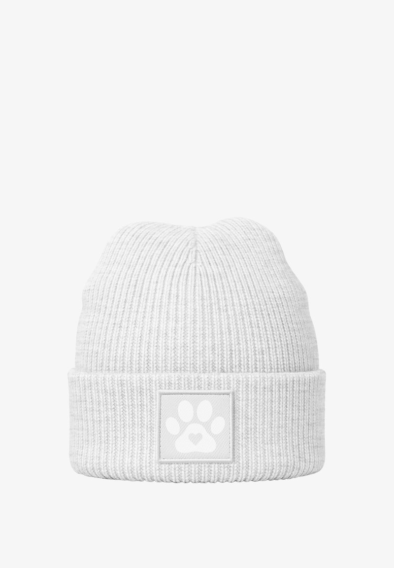 Gray knitted beanie with ribbed texture, featuring a square patch with a white paw print and heart design on the front.