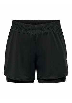 Sorte svart treningsshorts laget av pustende stoff, med elastisk midje og lagdelt design med en tettsittende innershorts.