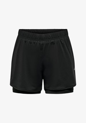 Schwarze Sportshorts aus atmungsaktivem Material, mit elastischem Bund und mehrlagigem Design, das eine eng anliegende Innenhose umfasst.