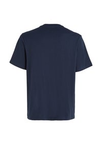 Navy blue cotton t-shirt with short sleeves, round neckline, and a straight cut. Smooth texture, no patterns or accents visible.