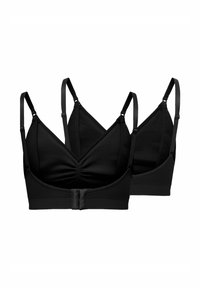 Deux soutiens-gorge noirs sans armatures avec bretelles ajustables et fermetures à crochets à l'avant, vus de face et de dos sur fond blanc.
