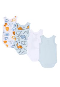 Fyra baby bodysuits: en med djurtryck i blått och orange, en blå med dinosaurier, en vit och en ljusblå. Alla är av bomull och är ärmlösa.