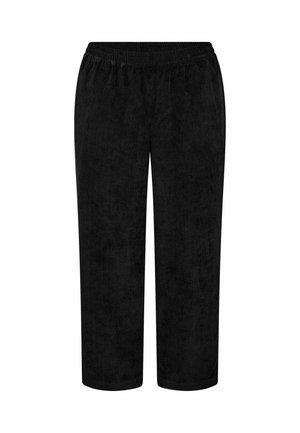 Schwarze Cordhosen mit geradem Bein design, ausgestattet mit einem elastischen Bund und vertikaler Rippstruktur für zusätzliche Details.