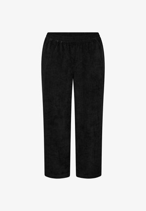 Juodi kordūriniai kelnių su tiesiomis kojomis dizainu, turintys elastinį juosmenį ir vertikalią griovelio tekstūrą papildomam detalizavimui.