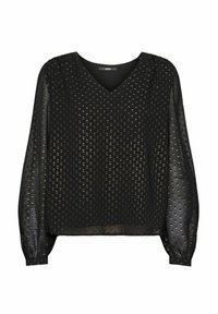 Blouse noire transparente à manches longues avec col en V, poignets élastiques et motif de petits points brillants sur l'ensemble.