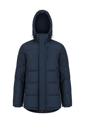 Granatowa kurtka puchowa z kapturem, z pionowym zapięciem z przodu, płaskimi kieszeniami z przodu, pikowaną fakturą i regulowanym sznurkiem w kapturze.
