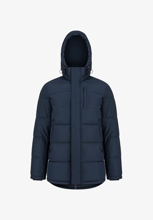 Granatowa kurtka puchowa z kapturem, z pionowym zapięciem z przodu, płaskimi kieszeniami z przodu, pikowaną fakturą i regulowanym sznurkiem w kapturze.