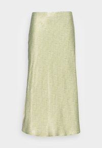 Světle zelená midi sukně s bílým abstraktním mřížkováním, rovný střih a mírné rozšíření v dolní části.