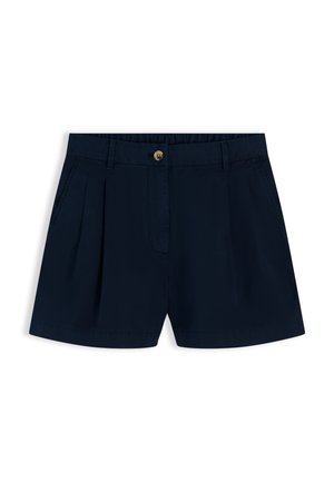 Shorts bleu marine sur mesure avec plis à l'avant, poches latérales, passants de ceinture et une seule fermeture par bouton marron à la taille.