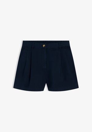 Marineblaue, maßgeschneiderte Shorts mit vorne gelegten Falten, Seitentaschen, Gürtelschlaufen und einem einzelnen braunen Knopfverschluss am Bund.