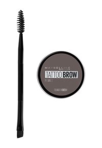 Pomata per sopracciglia Tattoo di Maybelline in Ash Brown, contenitore rotondo compatto con un prodotto grigio scuro liscio, abbinato a un pennello applicatore nero a doppia estremità.
