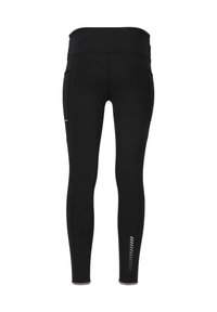 Mustat leggingit, jotka on valmistettu joustavasta kankaasta, korkealla vyötäröllä, sivutaskuilla ja heijastinteipillä alhaalla lahkeessa.