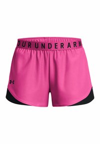 Pantalones cortos deportivos rosas con una cinturilla negra que presenta "UNDER ARMOUR" en negrita. Los paneles laterales son negros; tejido suave y ligero con un corte holgado.