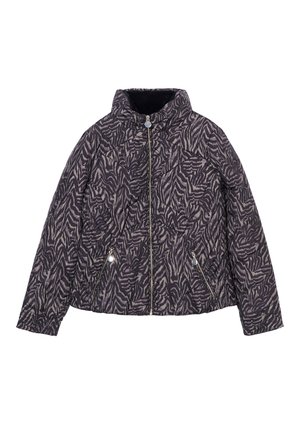 Gequilted pufferjack in donkerpaars met een zebrapatroon, voorzien van een hoge kraag, twee ritssluitingen en een ritssluiting aan de voorkant.