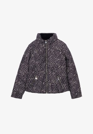 Veste matelassée en duvet de couleur violet foncé avec un motif zèbre, dotée d'un col haut, de deux poches zippées et d'une fermeture éclair sur le devant.