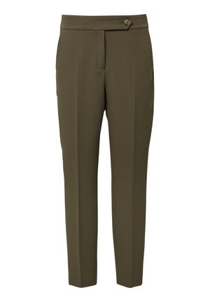 Green tailored trousers with a fitted waist, button detail, front pleats, and tapered ankles, made from smooth, lightweight fabric.