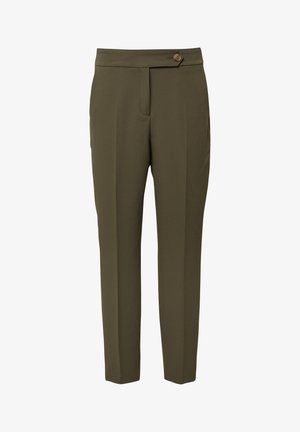 Green tailored trousers with a fitted waist, button detail, front pleats, and tapered ankles, made from smooth, lightweight fabric.