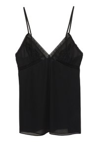 Sort camisole med tynde justerbare stropper, prydet med blonder ved udskæringen og dekorative detaljer på kroppen. Blødt, gennemsigtigt stof.