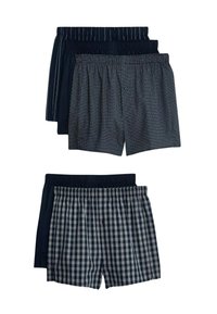 Pack von vier Boxershorts: dunkel navy, gestreiftes Muster, strukturiertes Dunkelgrau und navy karierte Designs. Weicher Stoff mit elastischem Bund.