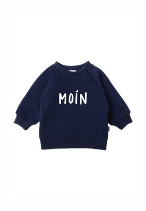 Marineblauer Pullover aus weichem Stoff mit Raglanärmeln und gerippten Bündchen. Auf der Vorderseite prangt in weißen Buchstaben der Schriftzug "MOIN".