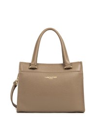 Borsa a mano in pelle texturizzata color taupe con due manici superiori, hardware dorato e tracolla removibile, con il logo "Lancaster Paris".