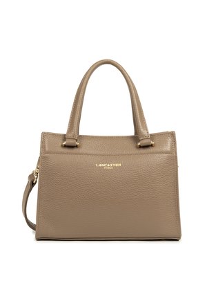 Borsa a mano in pelle texturizzata color taupe con due manici superiori, hardware dorato e tracolla removibile, con il logo "Lancaster Paris".